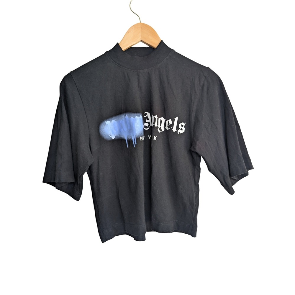 Palm Angels New York Spray Logo T Shirt Womens XS Black Cotton Mock Neck